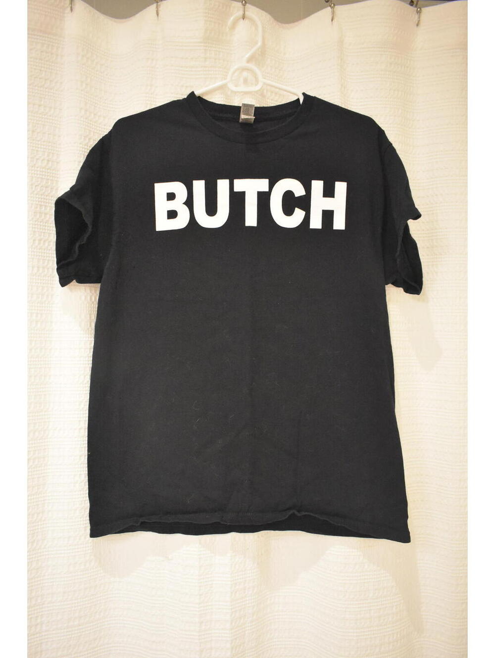 Gildan Black Cotton T-Shirt with 'BUTCH' Front and 'DICK' Back Print, Size M